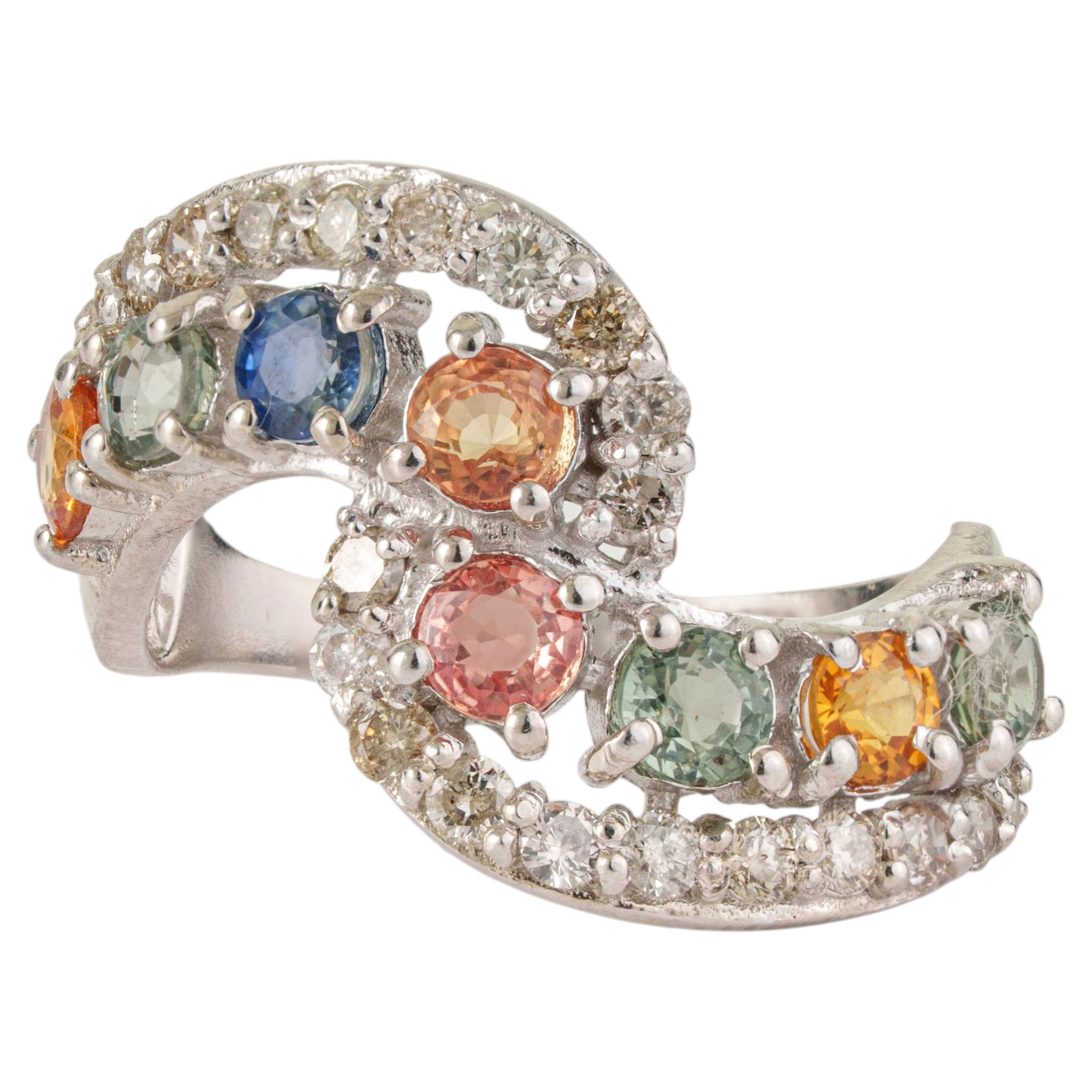 Silvorra Open Crossover Multisapphire and Diamond Engagement Ring in 925 Silver