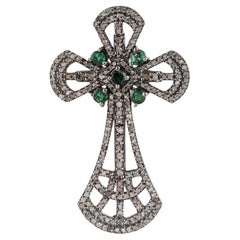 Silvorra Ornate Filigree Emerald Diamond Victorian Silver Cross Brooch Pendant