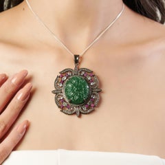 Silvorra Ornate Floral Carved Green Aventurine Victorian Pendant in Multi-Gems