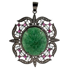 Silvorra Ornate Floral Carved Green Aventurine Victorian Pendant in Multi-Gems