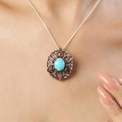 Silvorra Ornate Turquoise Carved Tourmaline Diamond Statement 925 Silver Pendant