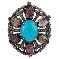 Silvorra Ornate Turquoise Carved Tourmaline Diamond Statement 925 Silver Pendant