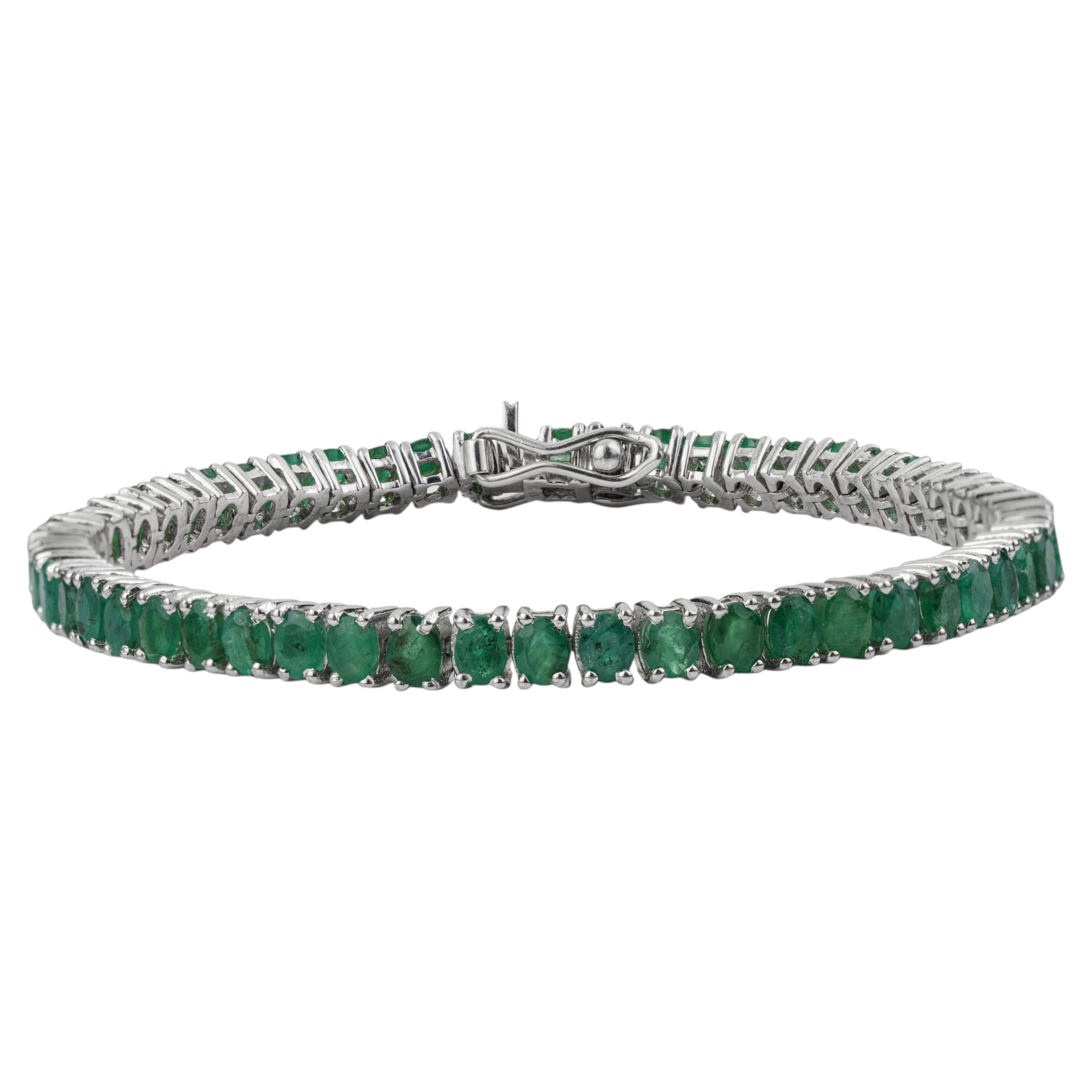 Bracelet de tennis empilable en argent sterling avec émeraude de taille ovale de 10,19 ct.