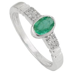 Silvorra Oval Cut Emerald and Diamond Promise Ring in 925 Silver Gift for her