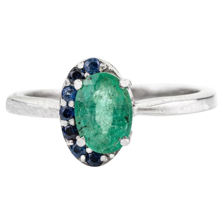 Silvorra Oval-Cut Emerald Promise Ring in Halo Sapphires for Girlfriend Gift