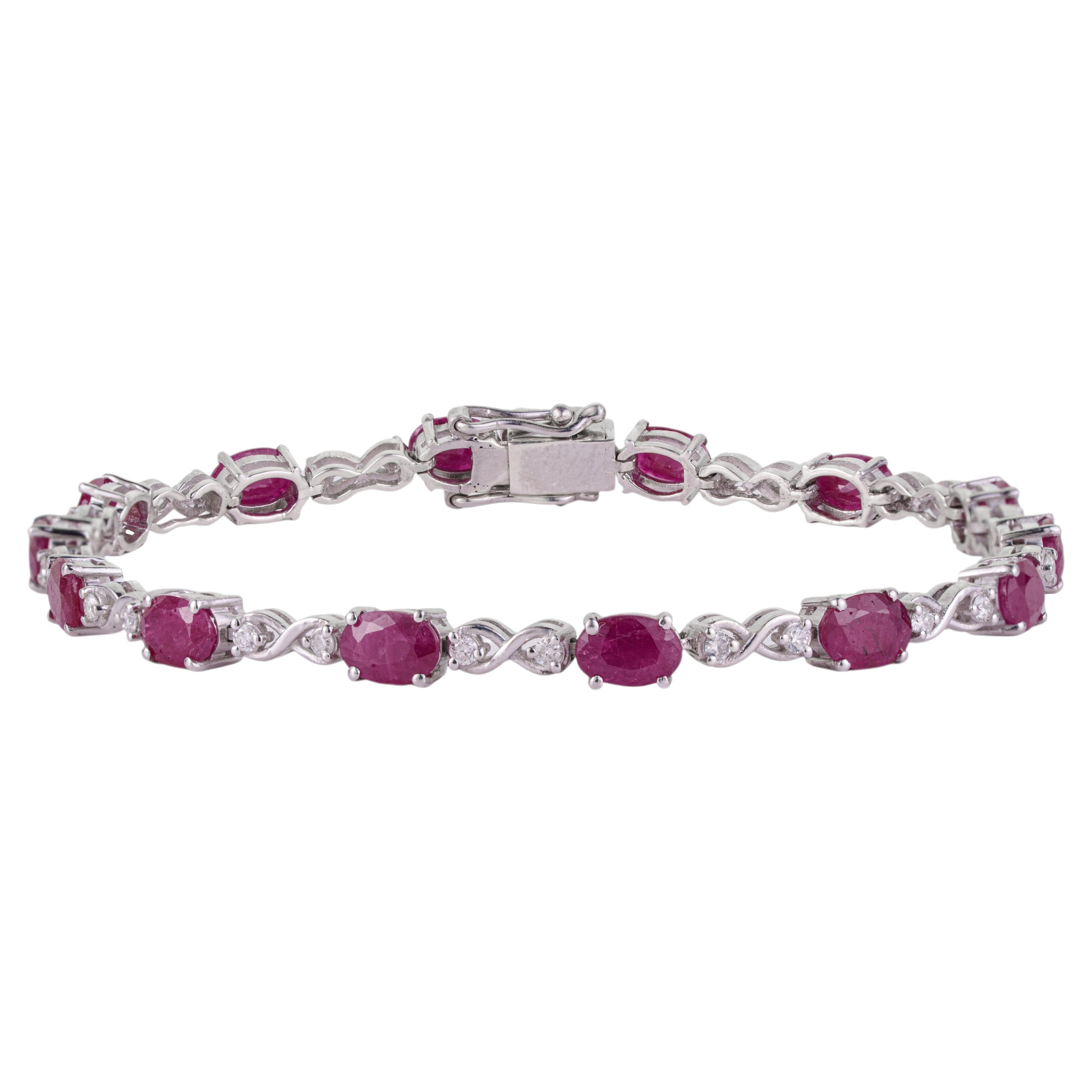 Silvorra Oval Cut Ruby & Diamond Tennis Bracelet with Silver Infinity Wave Links