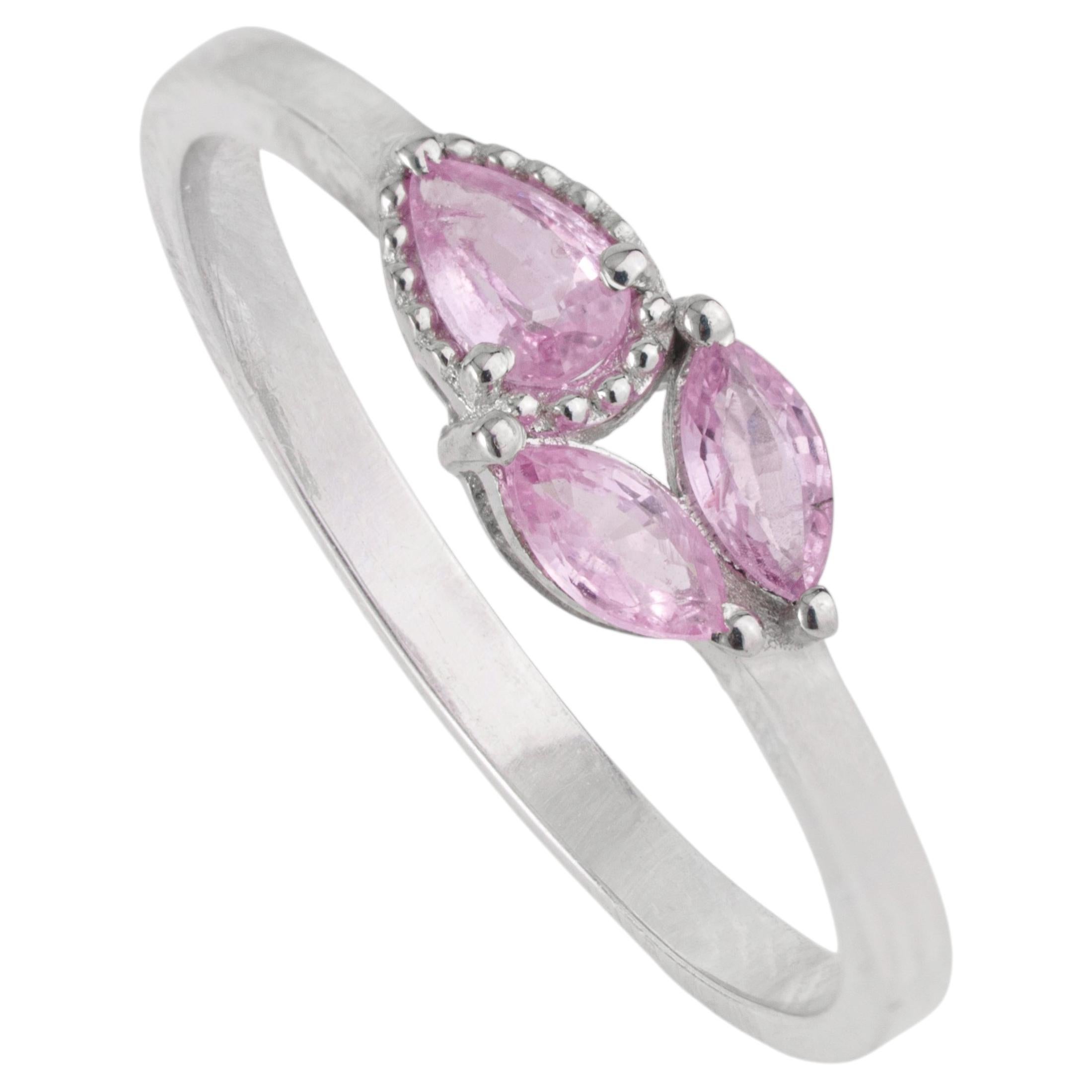 Silvorra Pear and Marquise Cut Pink Sapphire Three Stone Ring in Sterling Silver