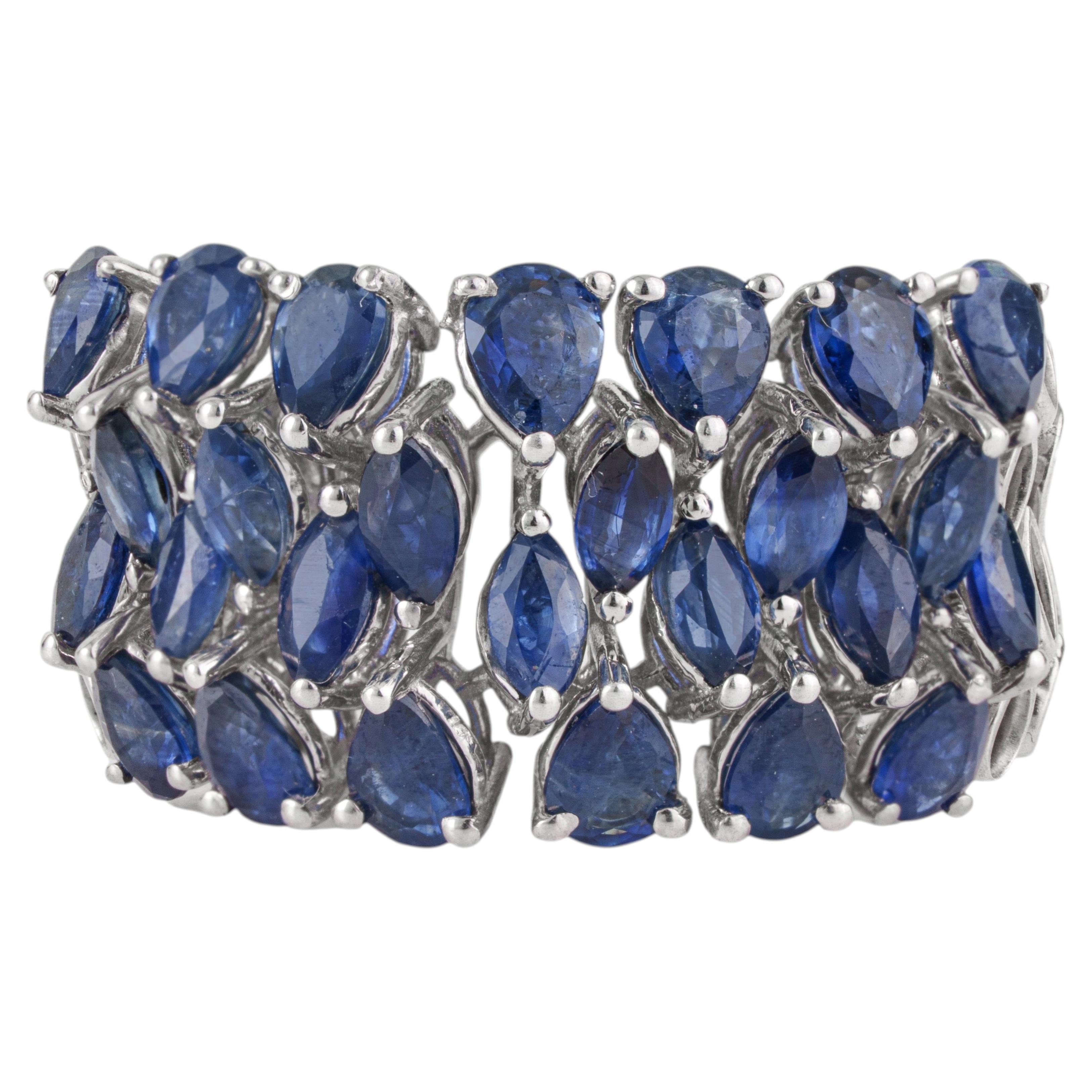Silvorra Pear & Marquise Blue Sapphire Wide Cluster Statement Ring in 925 Silver