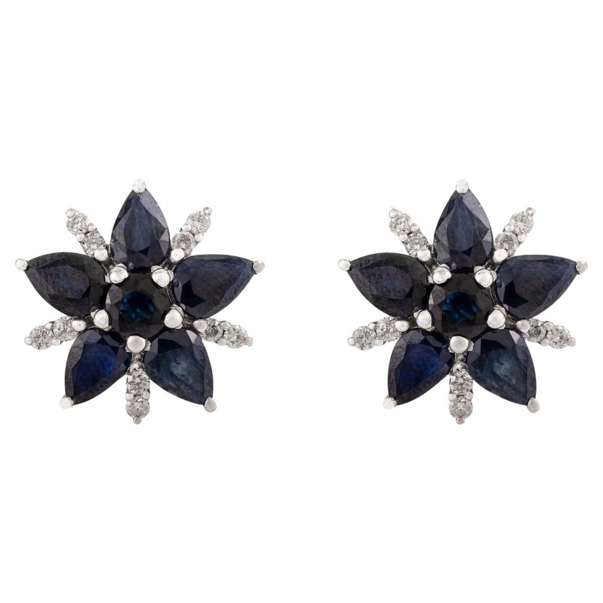 Silvorra Pear Shape Blue Sapphire Starburst Silver Earrings in Diamonds for Gift For Sale