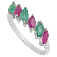 Silvorra Pink & Green Marquise Multisapphire Stackable Ring in Sterling Silver