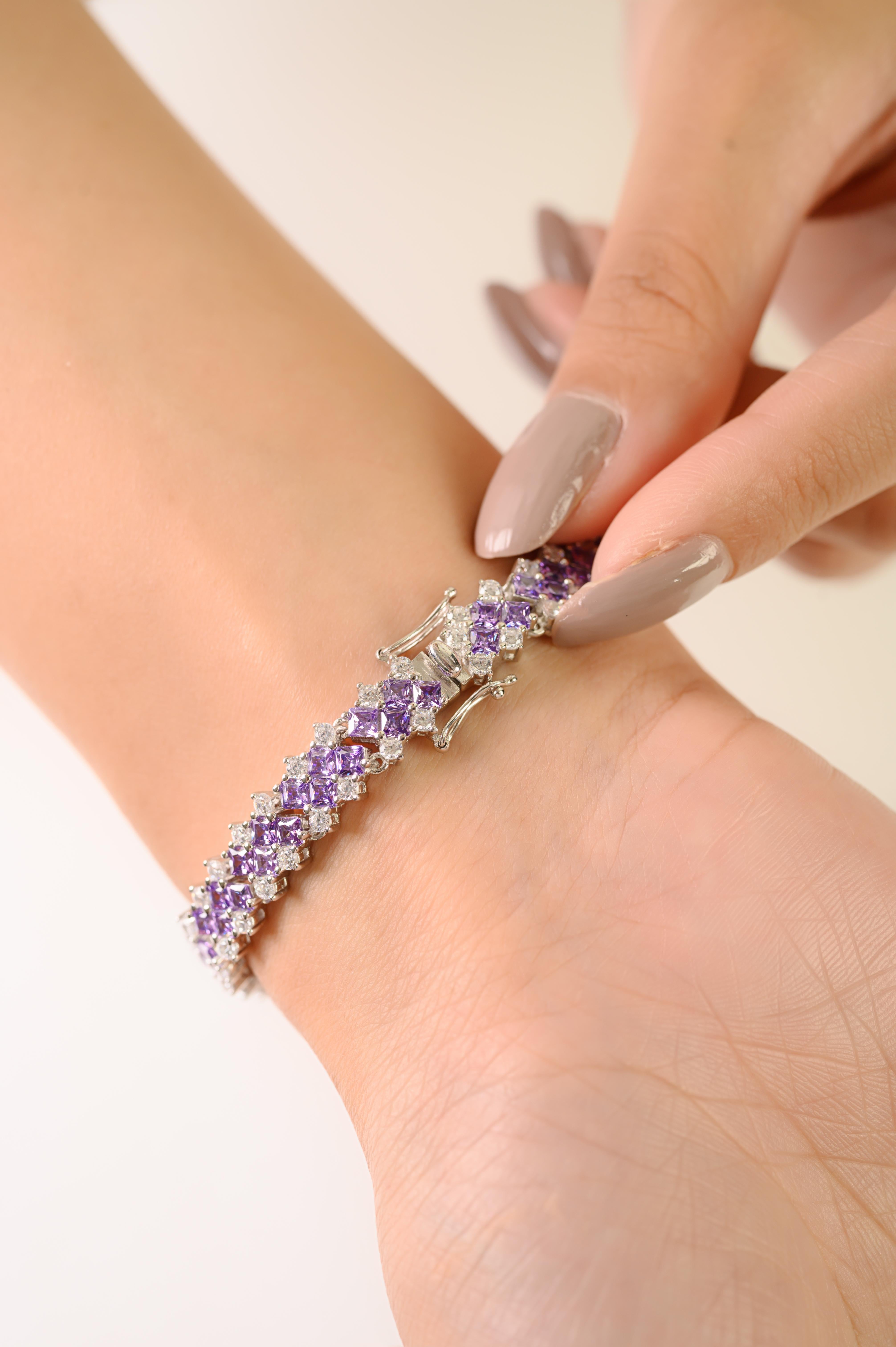 Donna Bracciale Tennis Silvorra con zirconi bianchi e viola in argento 925 in vendita