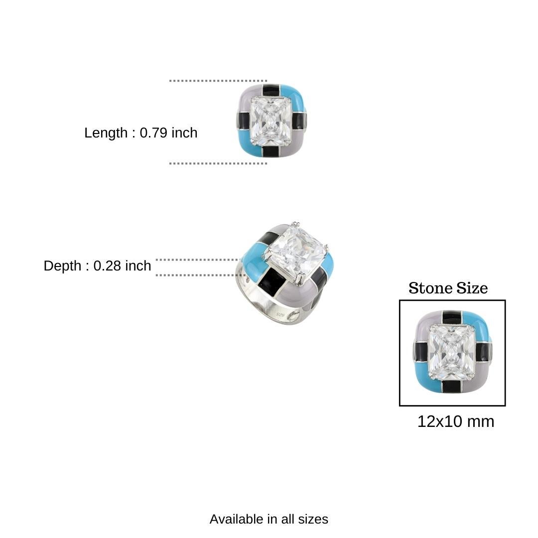 En vente :  A Silver Bague en argent 925 Radiant Cut 12x10 mm Cubic Zirconia Color Block Enamel 10