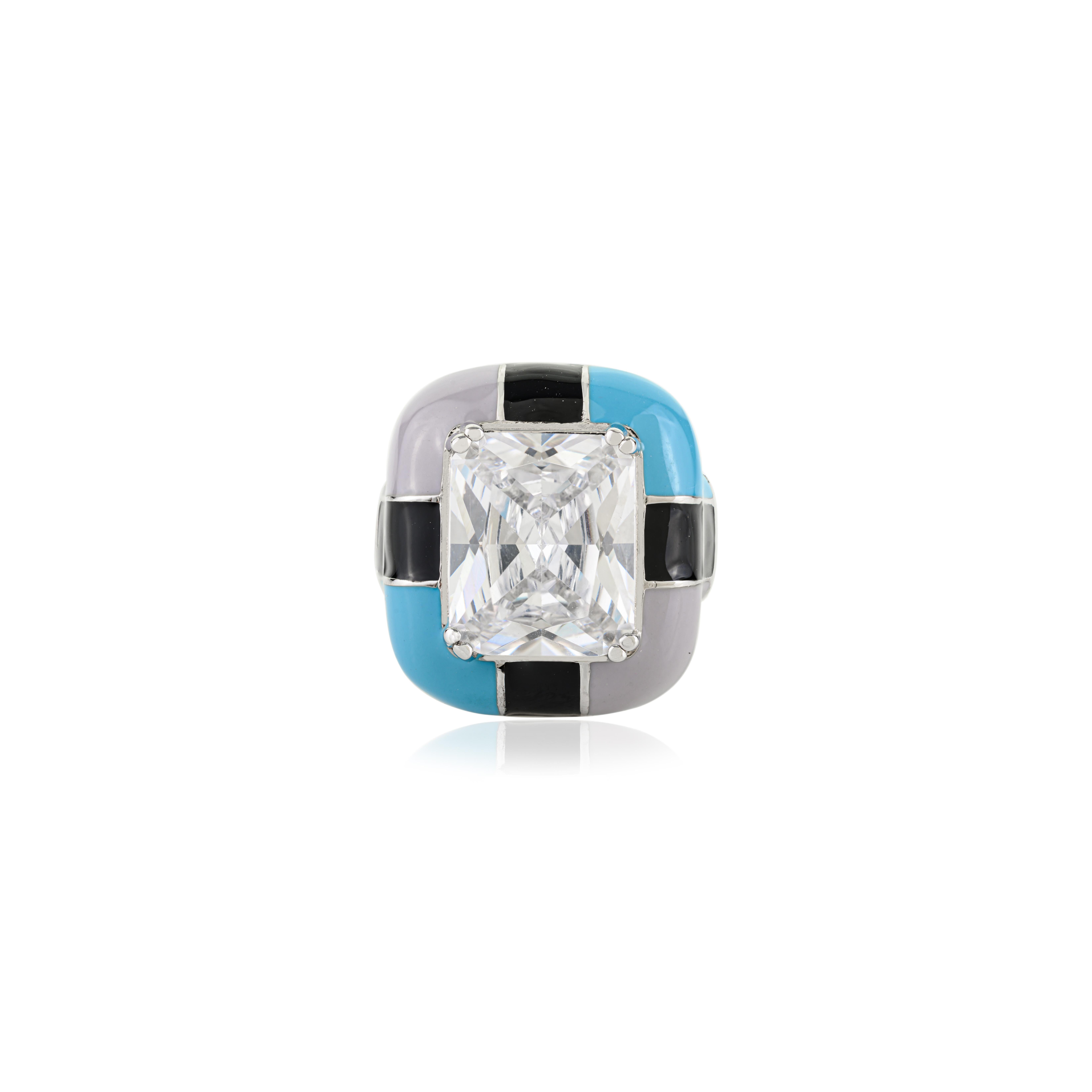 En vente :  A Silver Bague en argent 925 Radiant Cut 12x10 mm Cubic Zirconia Color Block Enamel 2