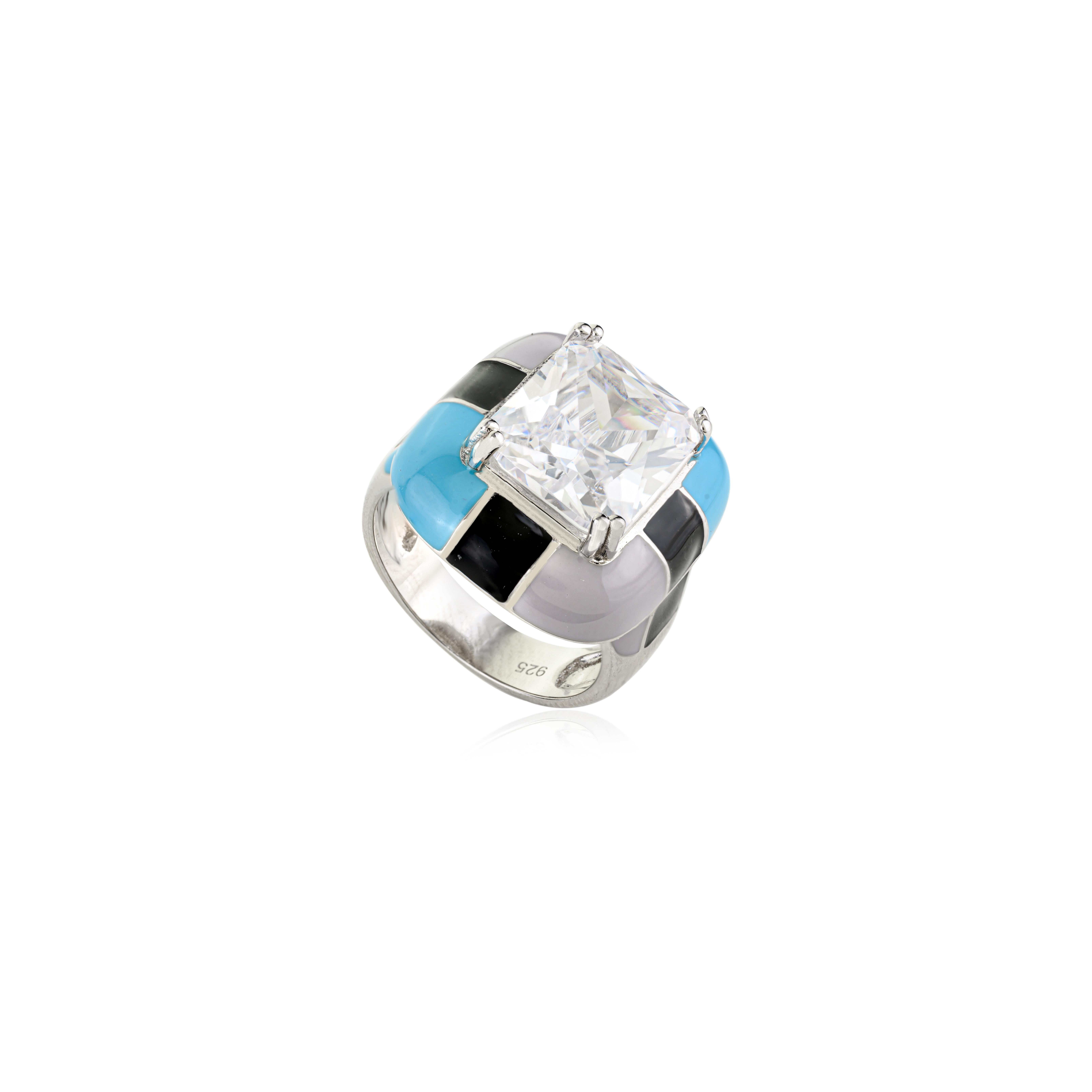 En vente :  A Silver Bague en argent 925 Radiant Cut 12x10 mm Cubic Zirconia Color Block Enamel 4