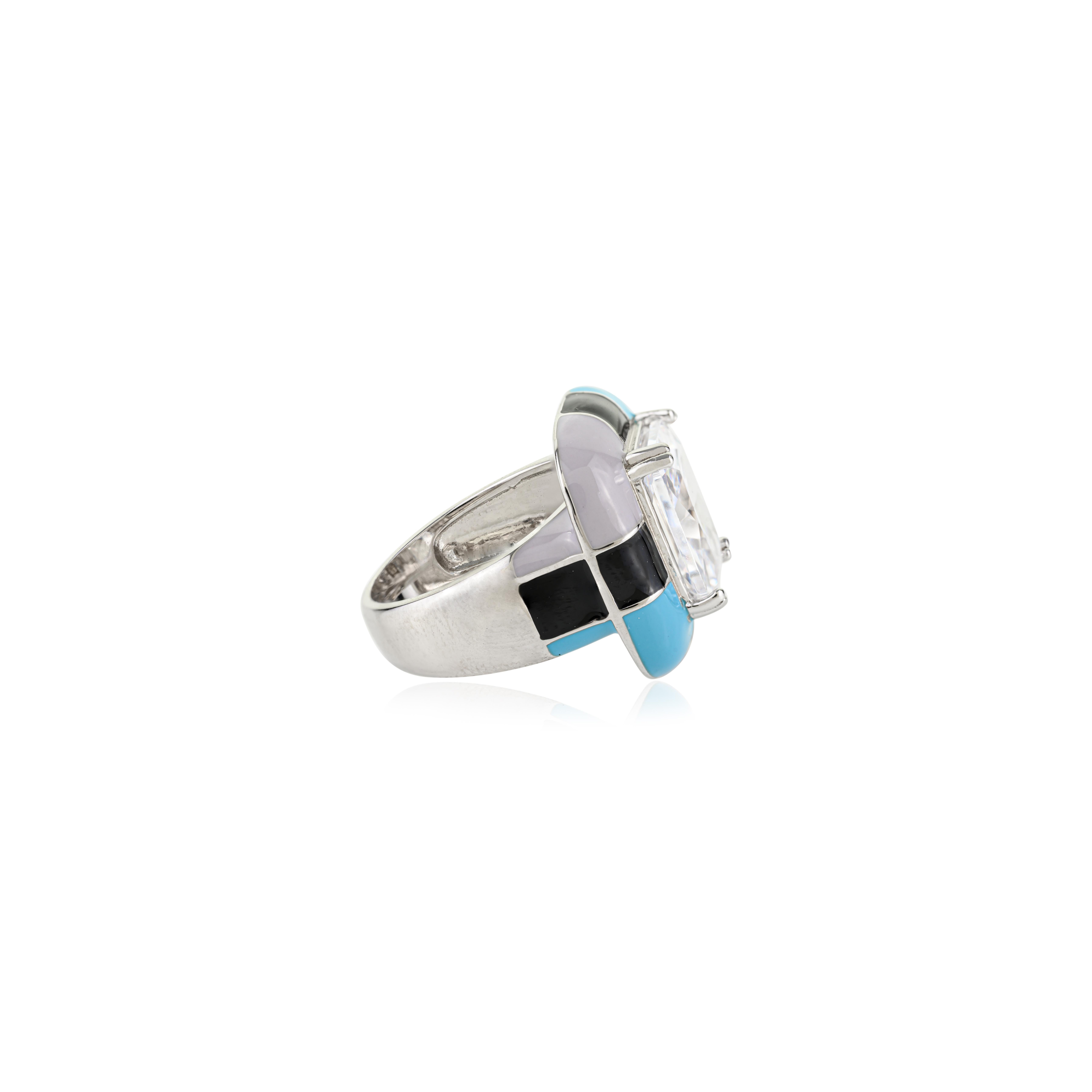 En vente :  A Silver Bague en argent 925 Radiant Cut 12x10 mm Cubic Zirconia Color Block Enamel 6