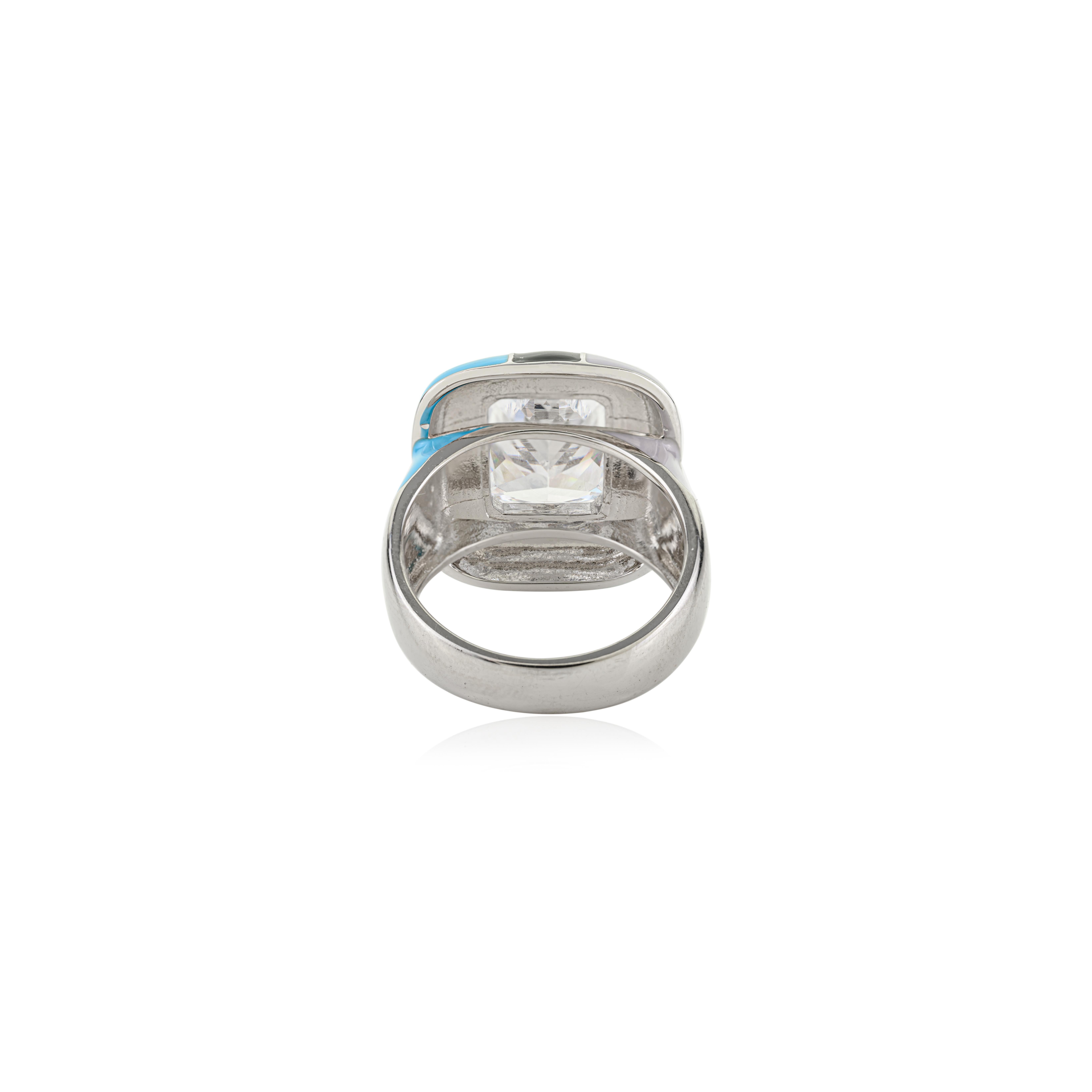En vente :  A Silver Bague en argent 925 Radiant Cut 12x10 mm Cubic Zirconia Color Block Enamel 8