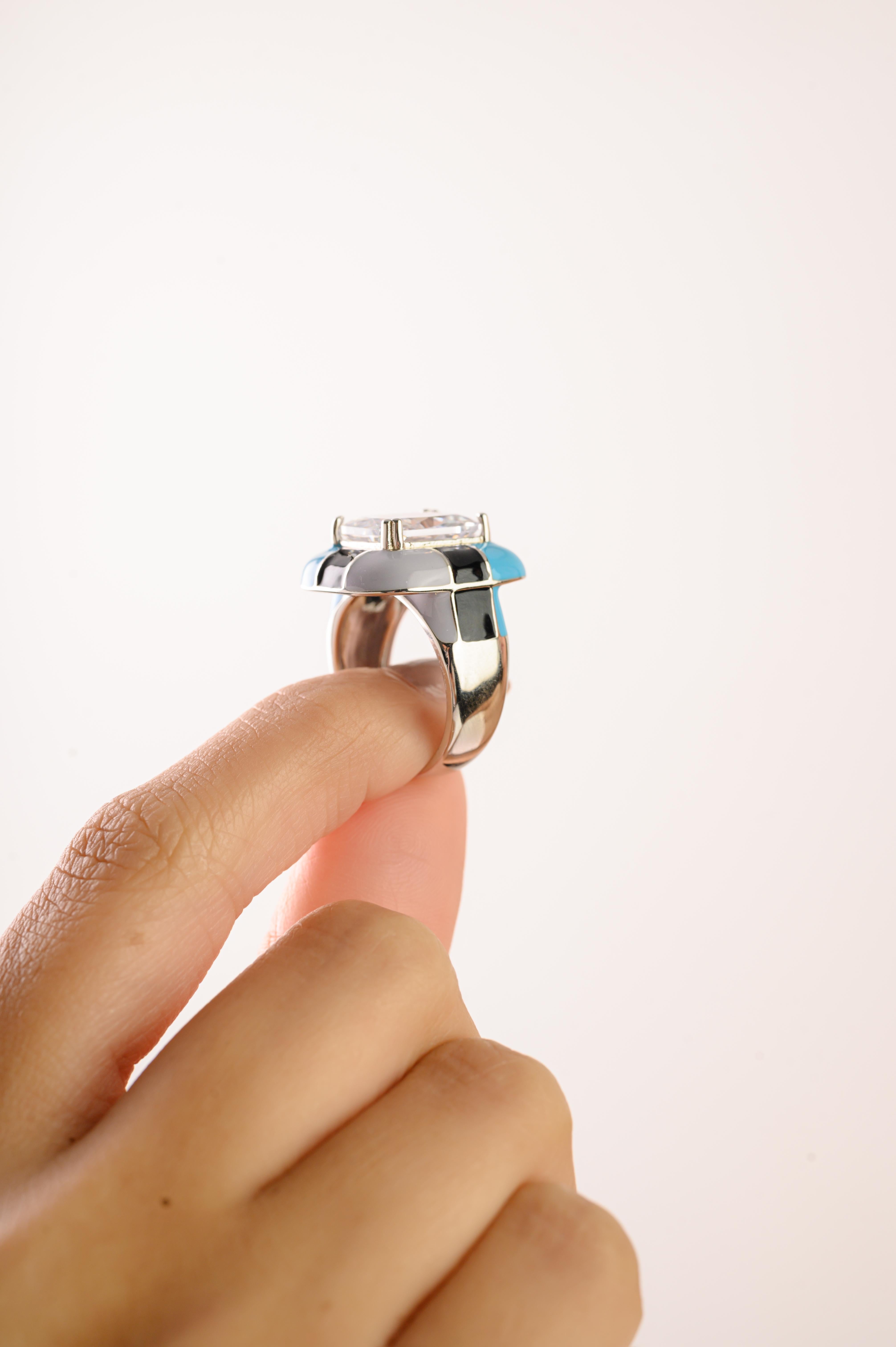 En vente :  A Silver Bague en argent 925 Radiant Cut 12x10 mm Cubic Zirconia Color Block Enamel 9