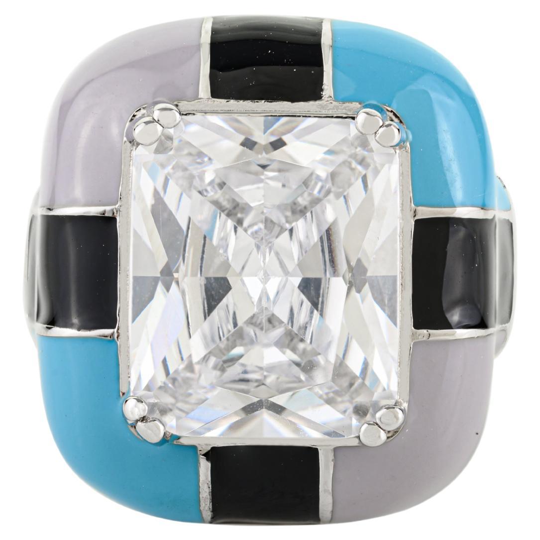 Silvorra Corte Radiante 12x10 mm Circonita Cúbica Color Bloque Esmalte Anillo de Plata 925