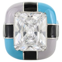 Silvorra Radiant Cut 12x10 mm Cubic Zirconia Color Block Enamel 925 Silver Ring