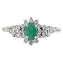 Silvorra Radiant Oval Cut Emerald & Diamond Scalloped Cluster Ring in 925 Silver