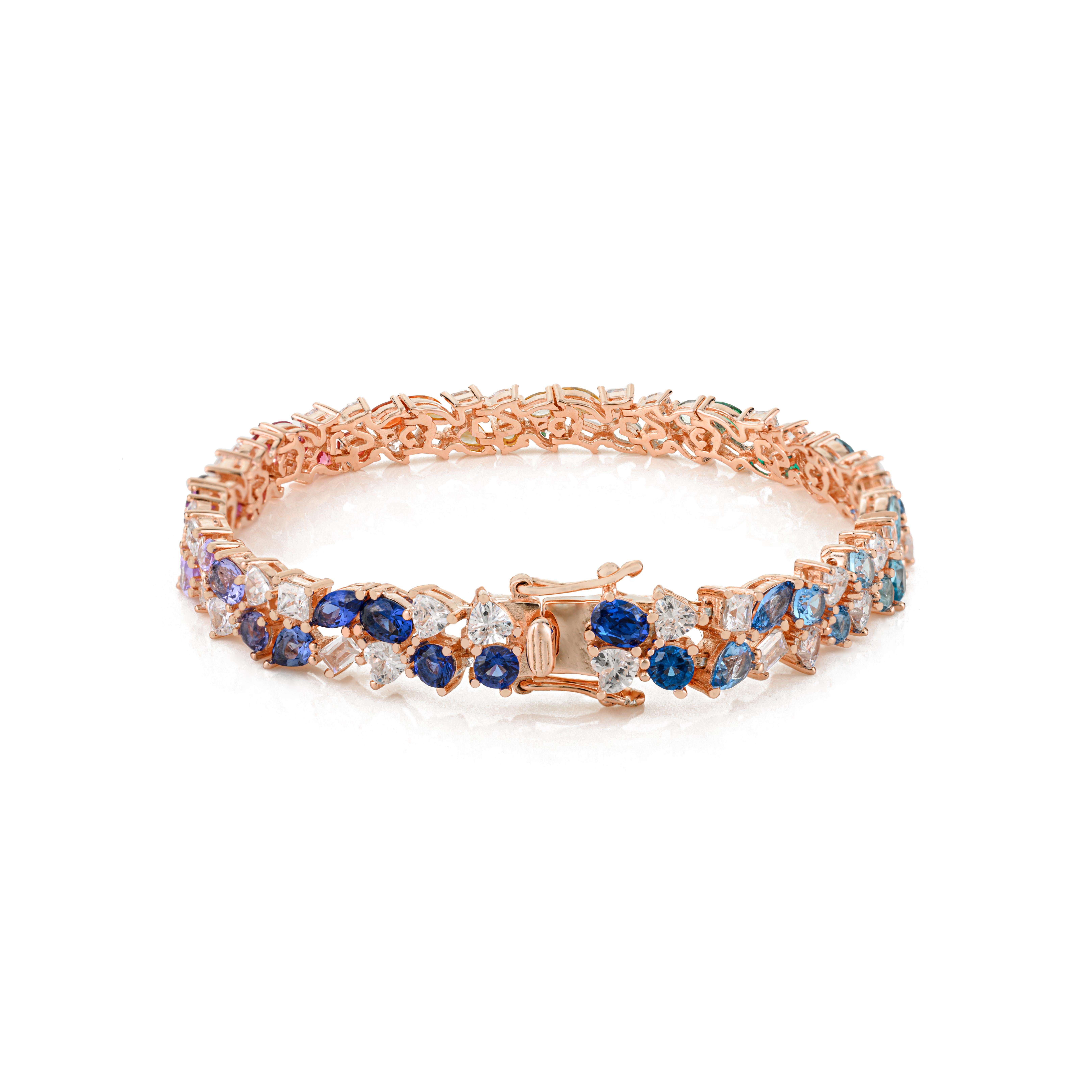 Taglio misto Bracciale tennis Silvorra con zirconi arcobaleno in argento 925 tonalità rosa in vendita