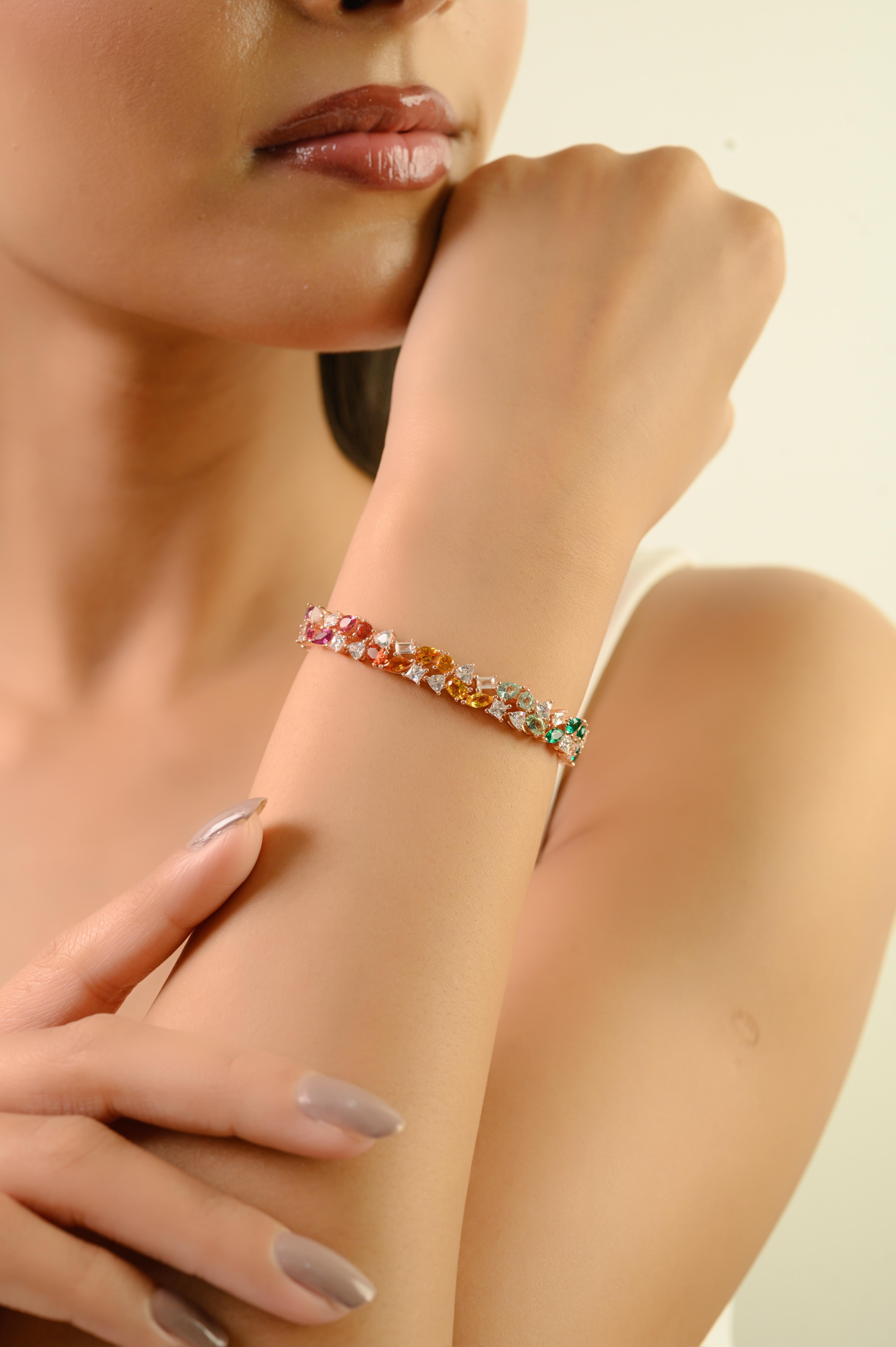 Silvorra Pulsera de tenis con circonitas arco iris en tono rosa de plata de ley 925 Corte mixto en venta