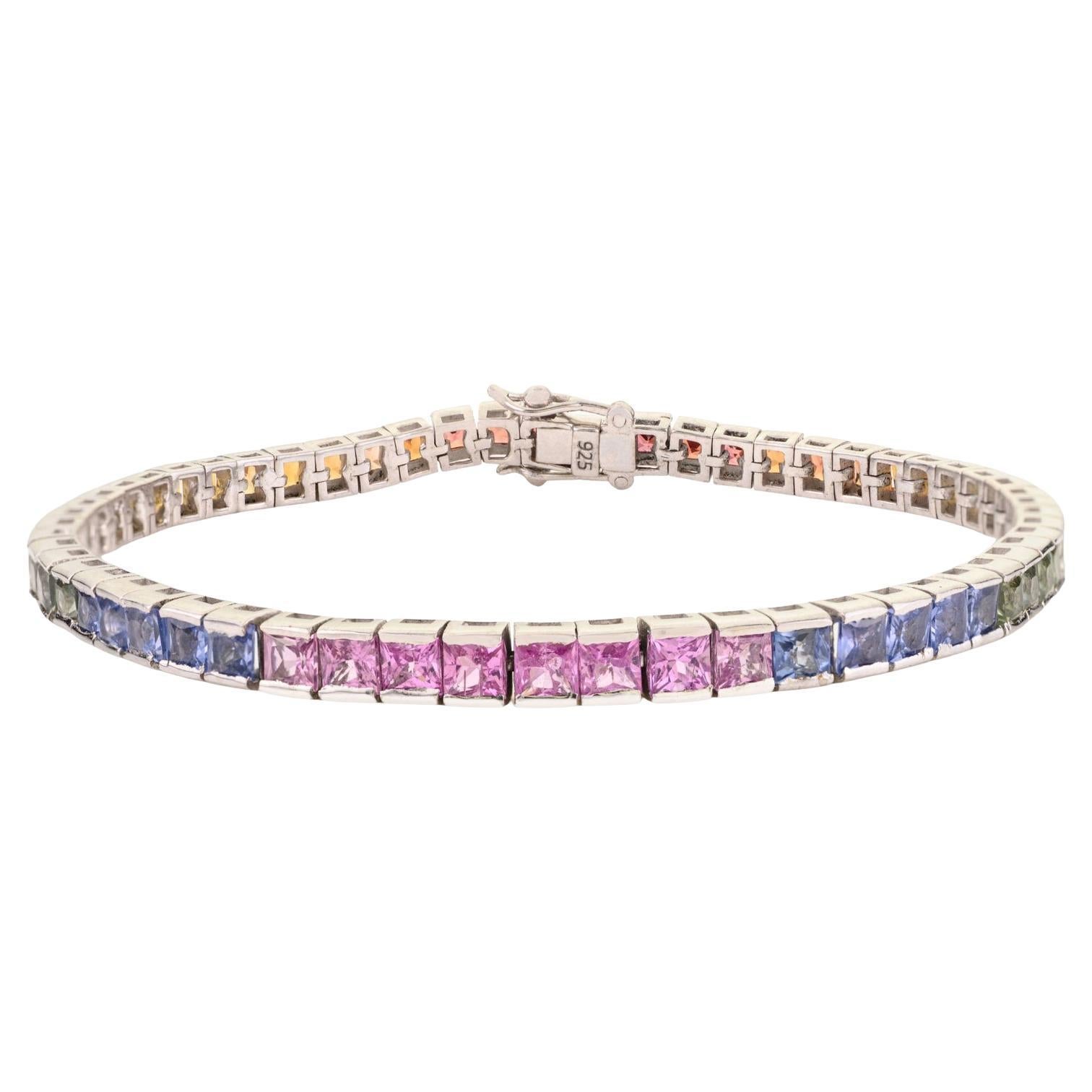 Silvorra Rainbow Multi Sapphire Linear Tennis Silver Bracelet for Christmas Gift For Sale