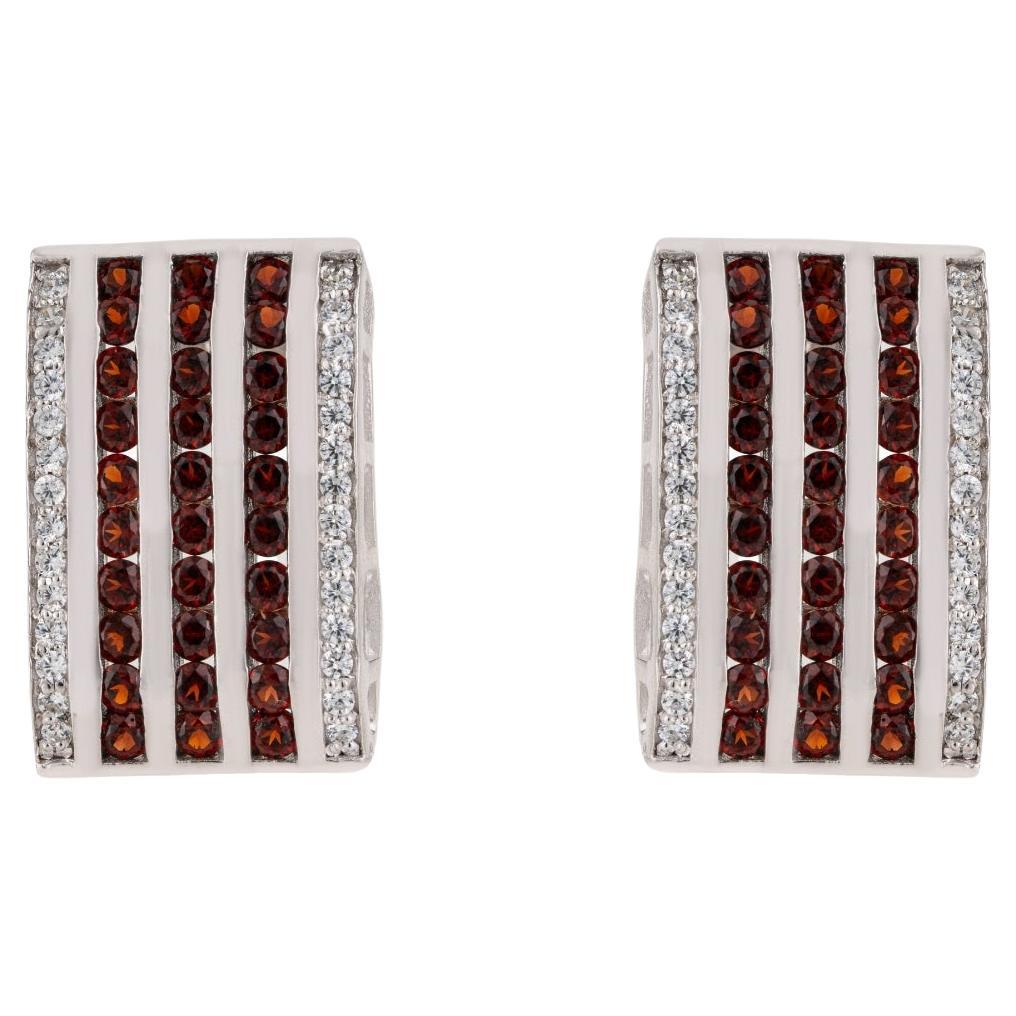 Silvorra Red Garnet Birthstone Wide Bar Silver Earrings with Sparkling Zircons For Sale