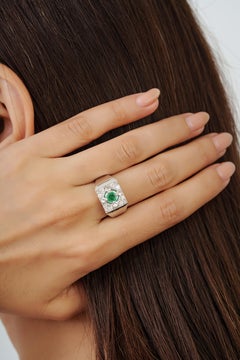 Silvorra Retro Inspiriert Smaragd Mai Edelstein & Diamant Siegelring in 925 Silber