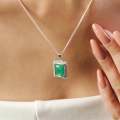 Silvorra Retro Natural Emerald and Diamond Halo Pendant in Sterling Silver