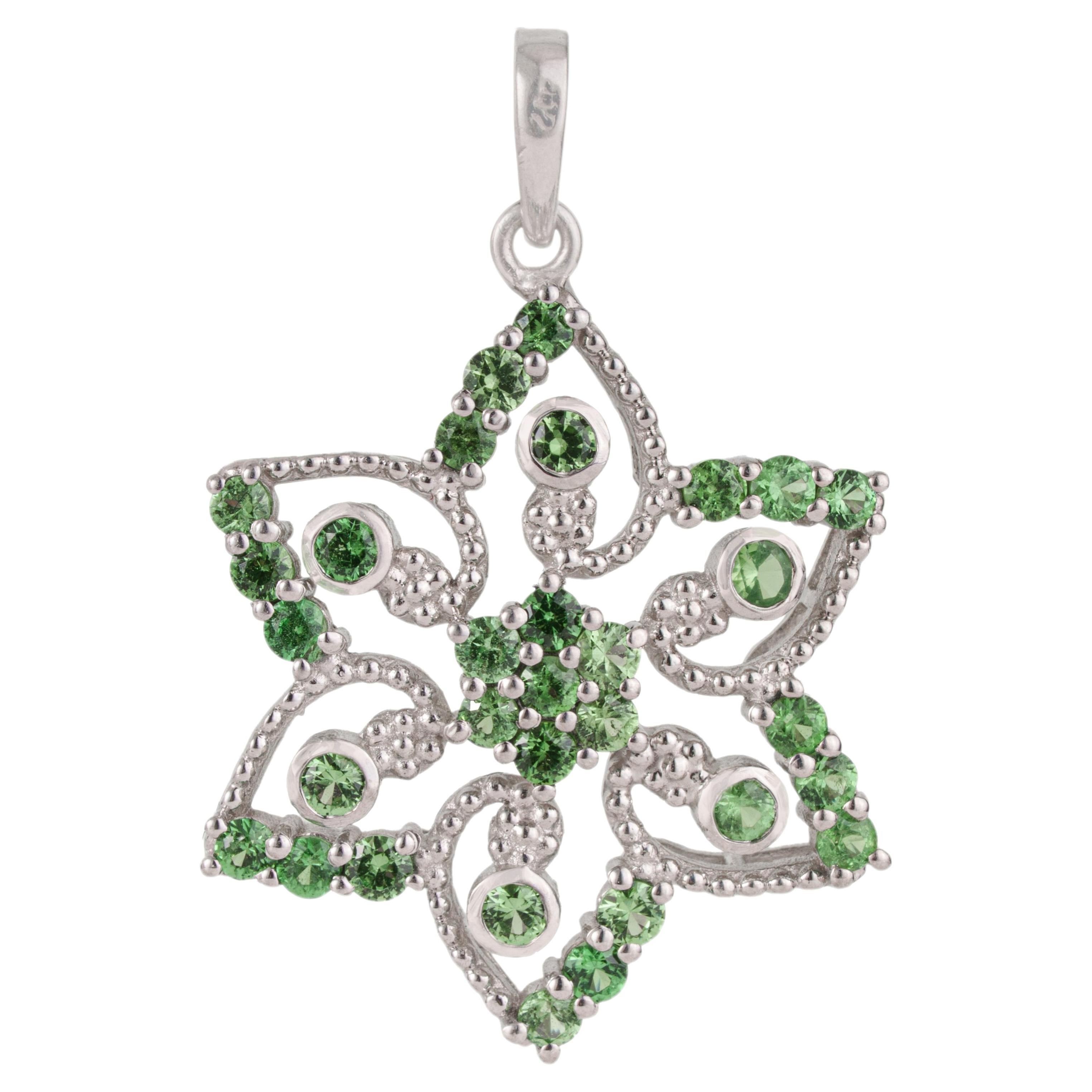 Silvorra Round Cut Tsavorite Solid Silver Pendant with Openwork Floral Detailing
