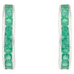 Silvorra Round Green Onyx Half-C Hoop Earrings in 925 Silver for Everyday Wear