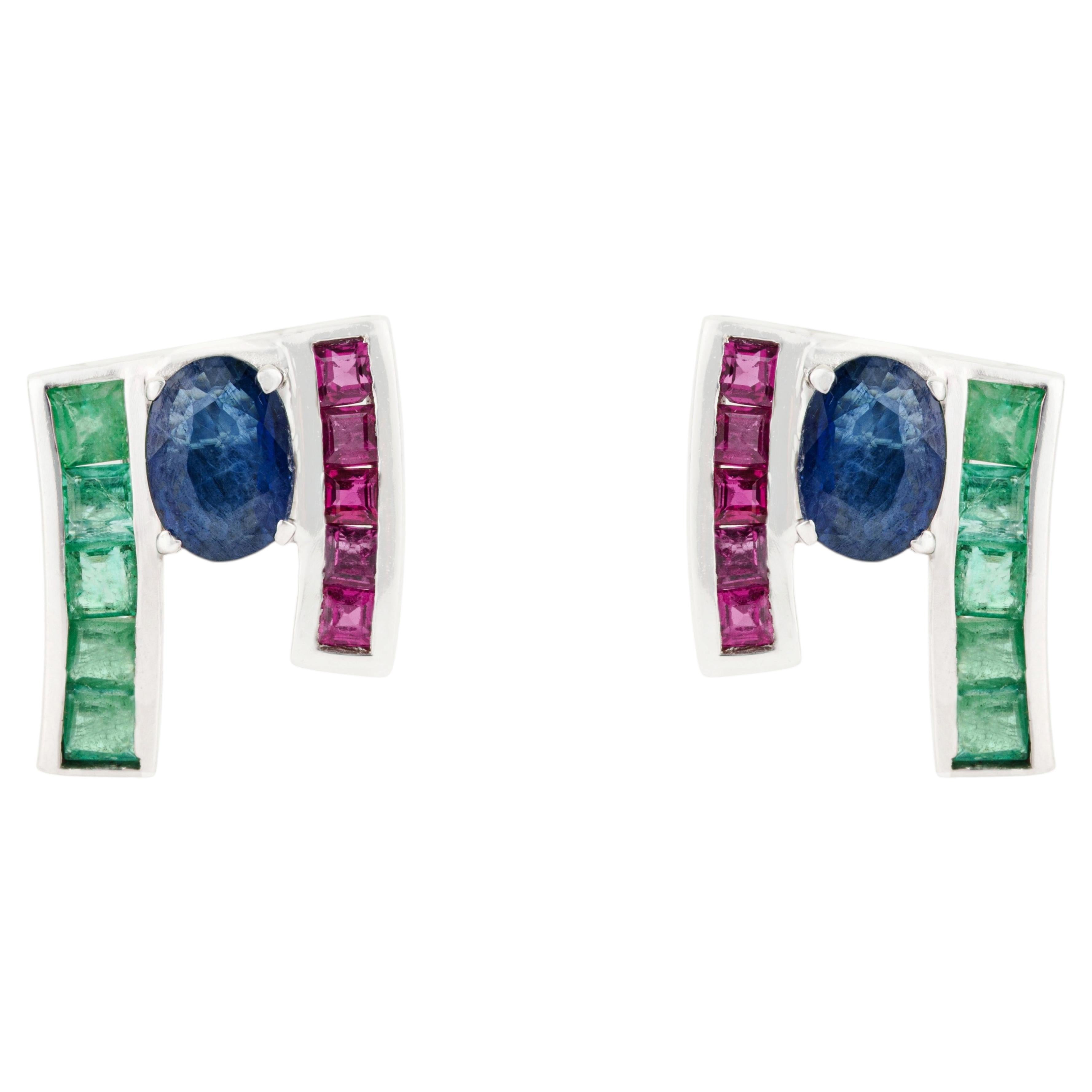 Silvorra Sapphire, Ruby, Emerald Stud Earrings Multi Gemstone 925 Silver Jewelry For Sale