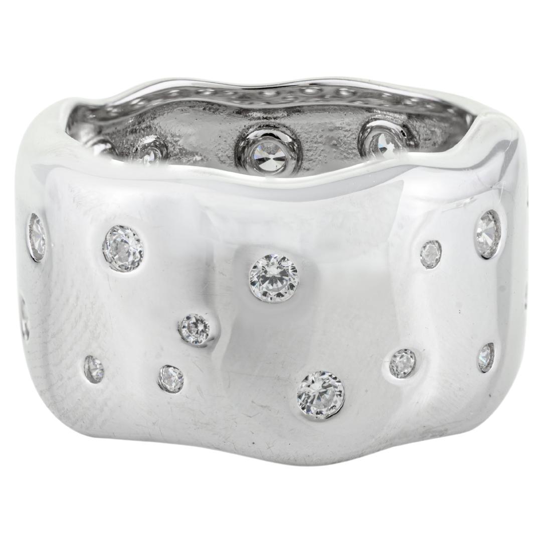 Silvorra Sculpted Sterling Silver Wide Band Ring with Scattered Cubic Zirconia