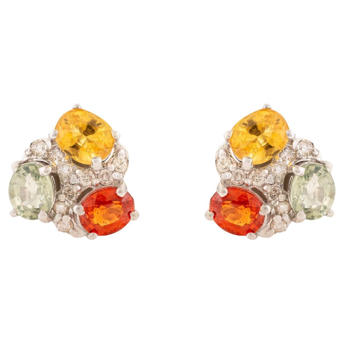 Silvorra September Birthstone Multi Sapphire & Diamond Cluster Stud Earrings