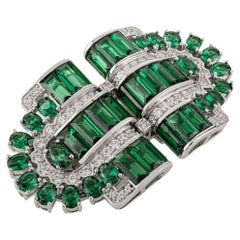 Silvorra Silver Art Deco Green & White CZ Double Clip Brooch with Collar Clip