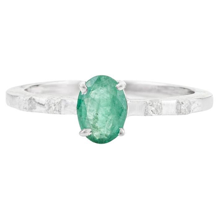 For Sale:  Silvorra Single Stone Emerald Solitaire Silver Ring with Diamonds for Her