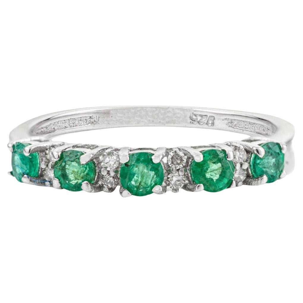 Silvorra Sleek Handmade Emerald Half-Eternity Ring in Diamond Band for Women