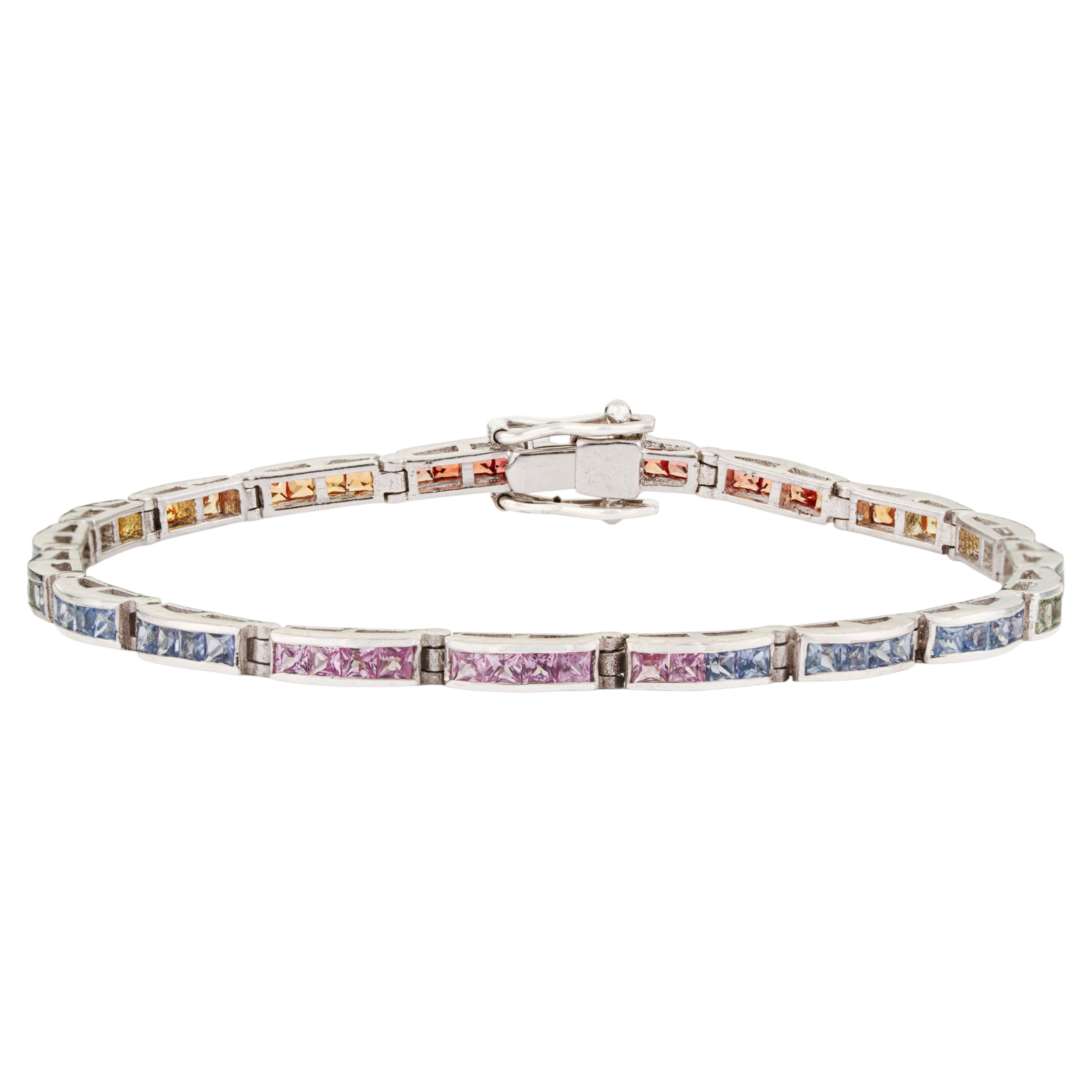 Silvorra Sleek Multi Sapphire Gemstones Linear Bracelet in 925 Sterling Silver