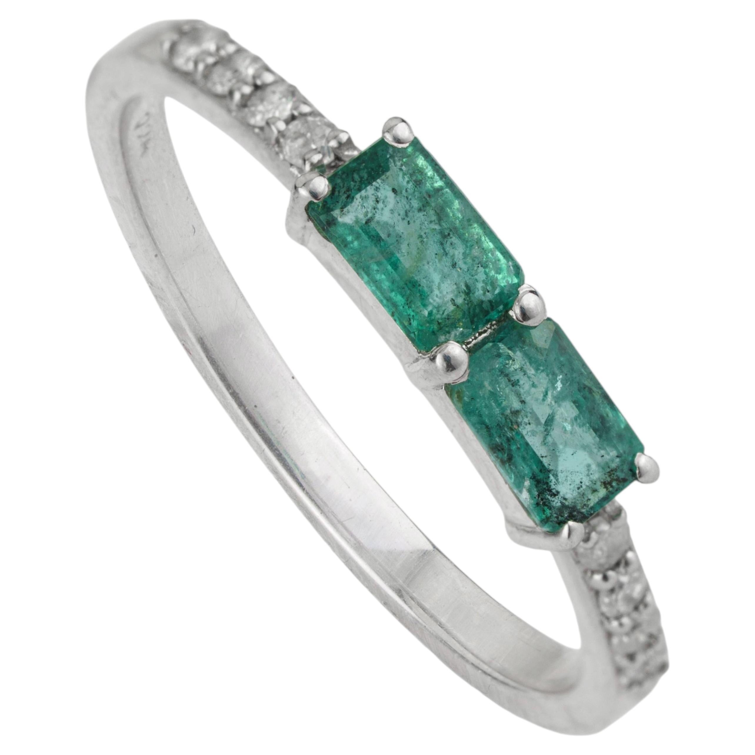 Silvorra Sleek Two Stone Emerald & Diamond Stackable Ring in 925 Silver for her