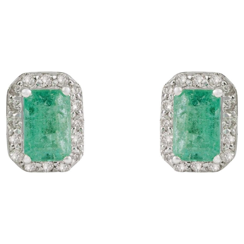 Silvorra Solid Silver Emerald Stud in Halo Diamond Earrings for Girlfriend Gift For Sale