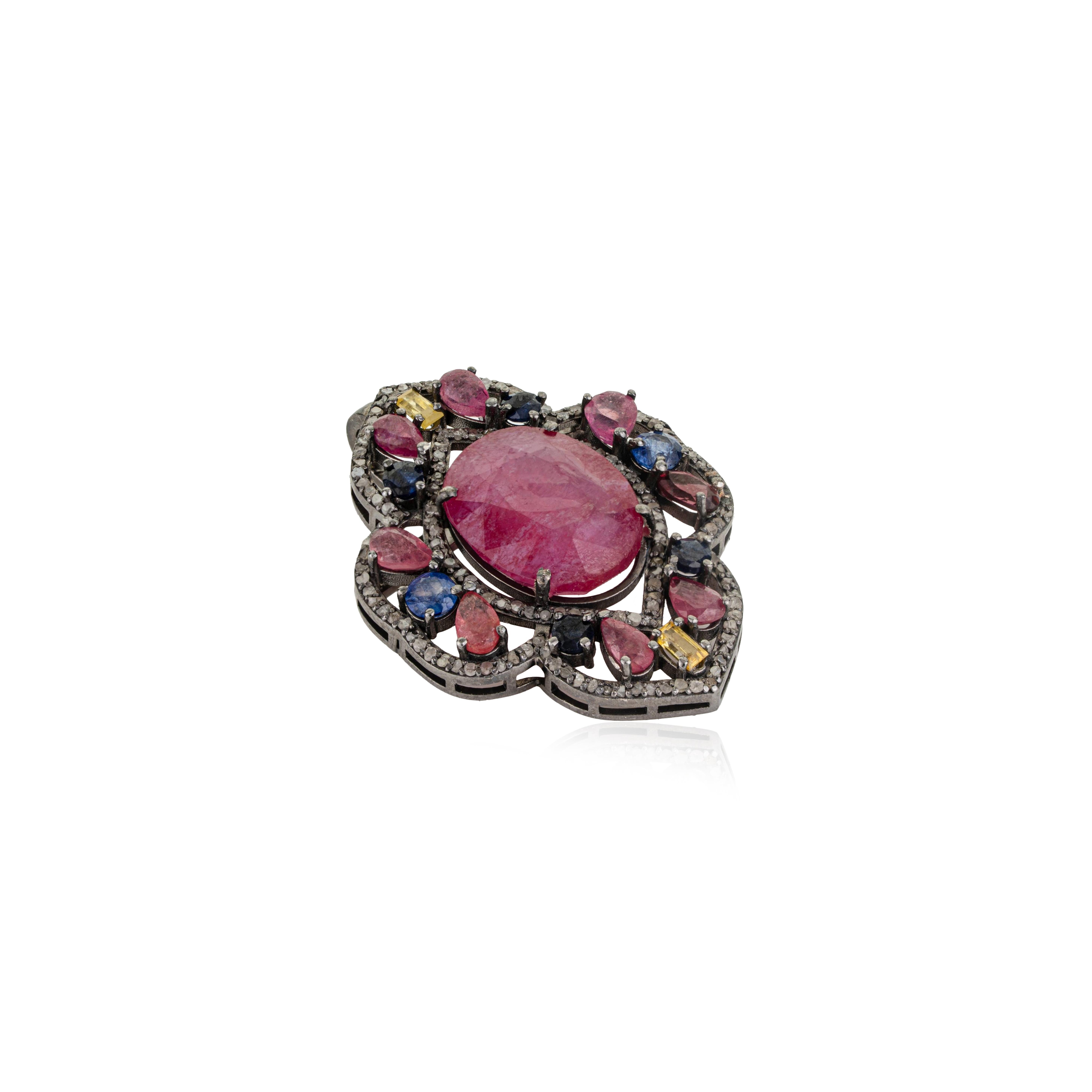 Silvorra Solid Silver Shield Motif Ruby Multi-gem… - image 3