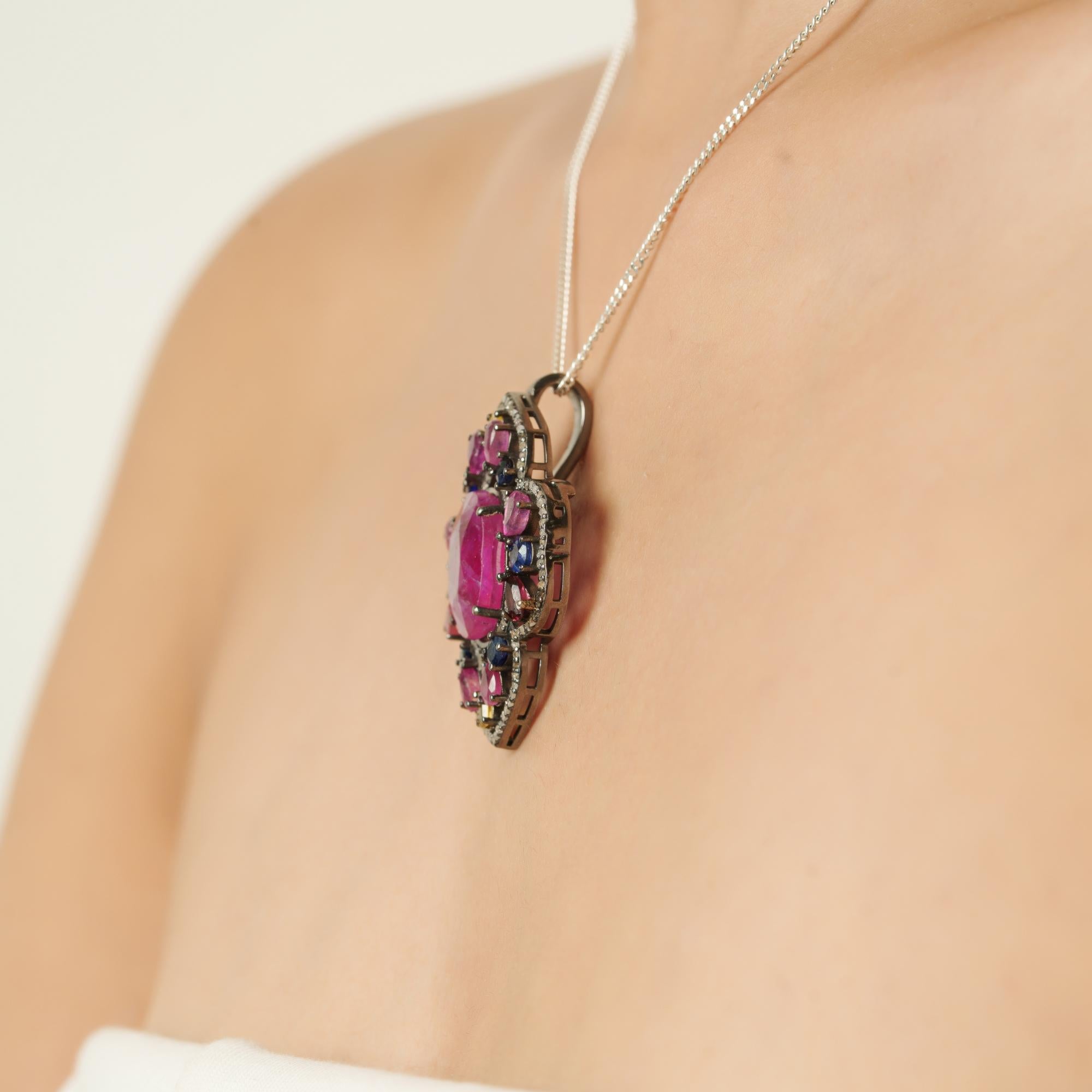 Silvorra Solid Silver Shield Motif Ruby Multi-gem… - image 4