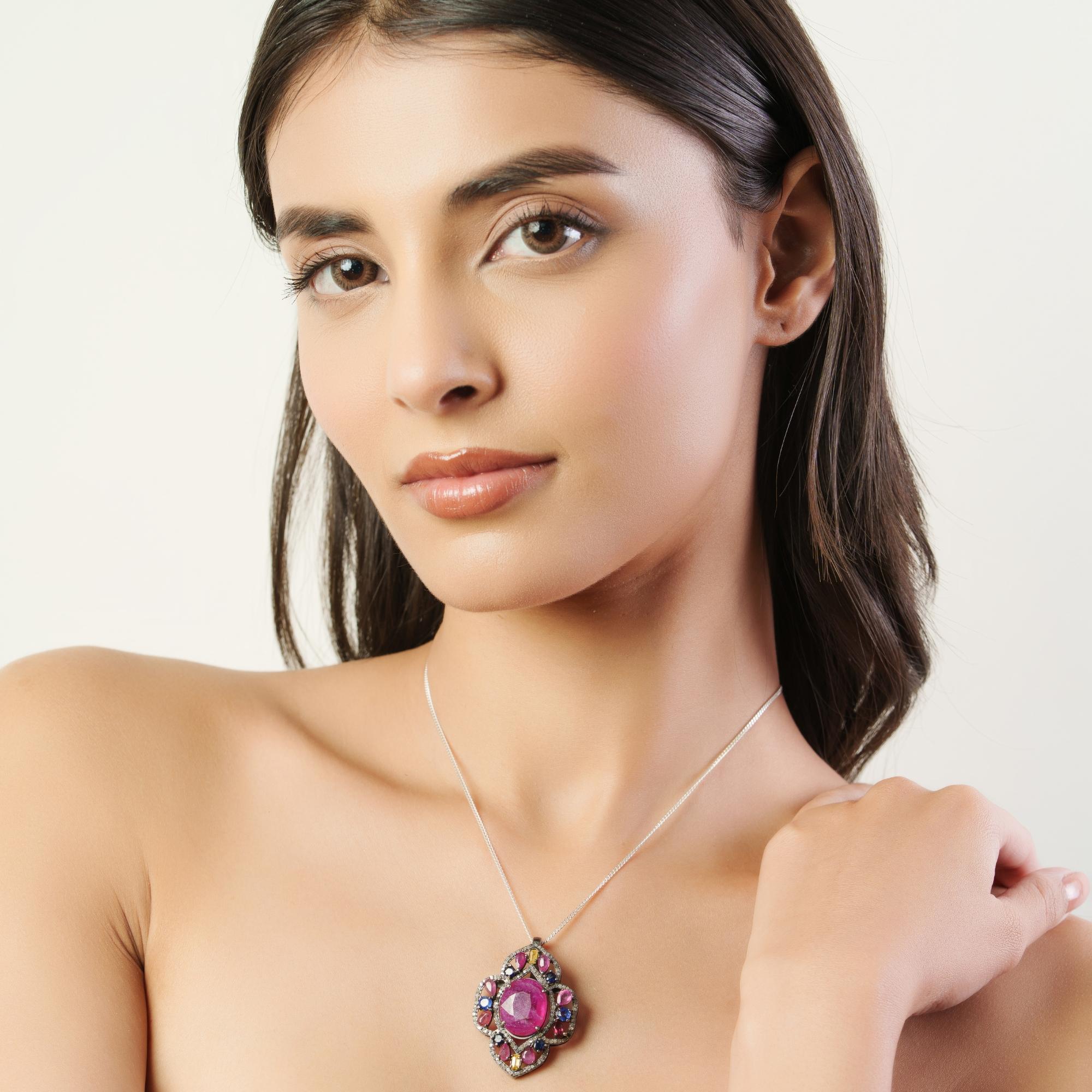 Silvorra Solid Silver Shield Motif Ruby Multi-gem… - image 8