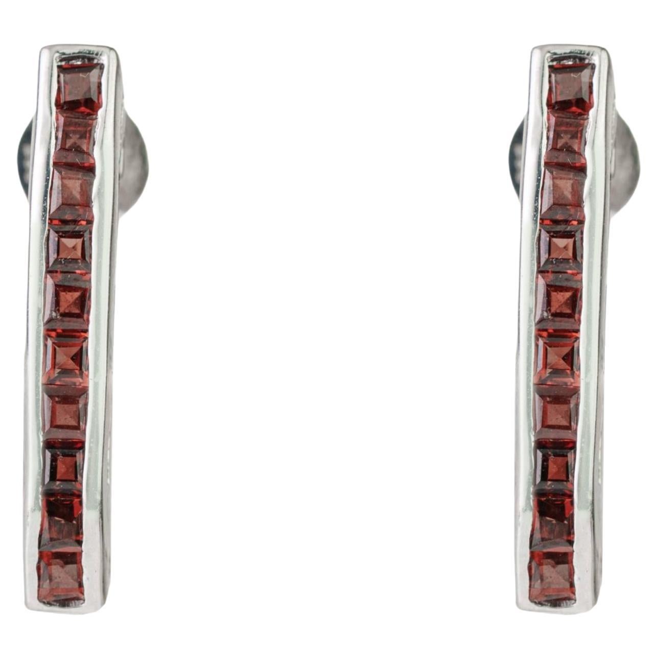 Silvorra Square Cut Garnet Bar Earrings in 925 Sterling Silver for Everyday Wear
