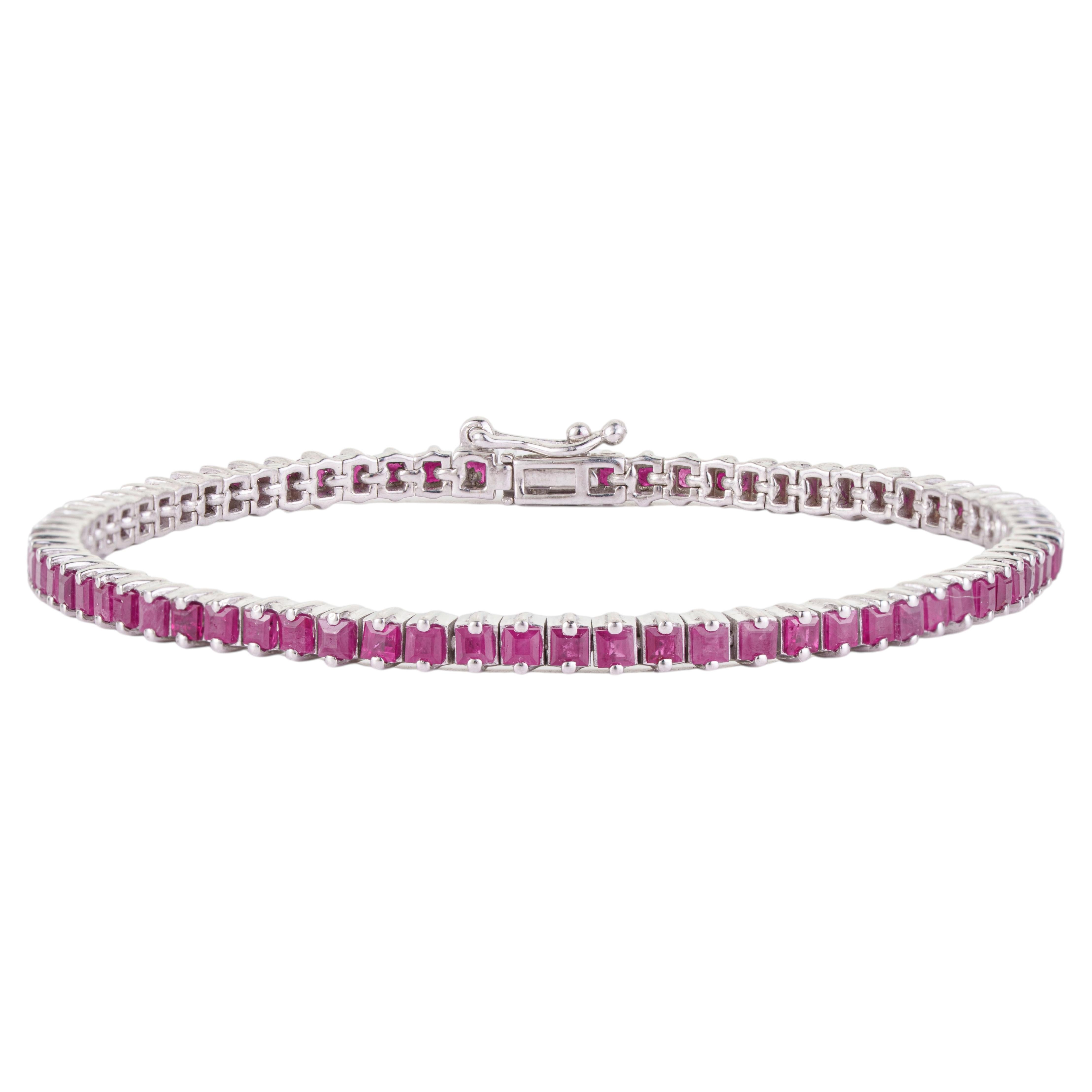 Bracelet « tennis » Silvorra Square en rubis naturel, avec un rang en argent de 7 pouces