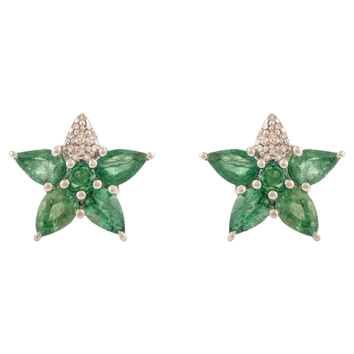Silvorra Orecchini a perno floreali con diamanti e smeraldi in argento 925 in vendita