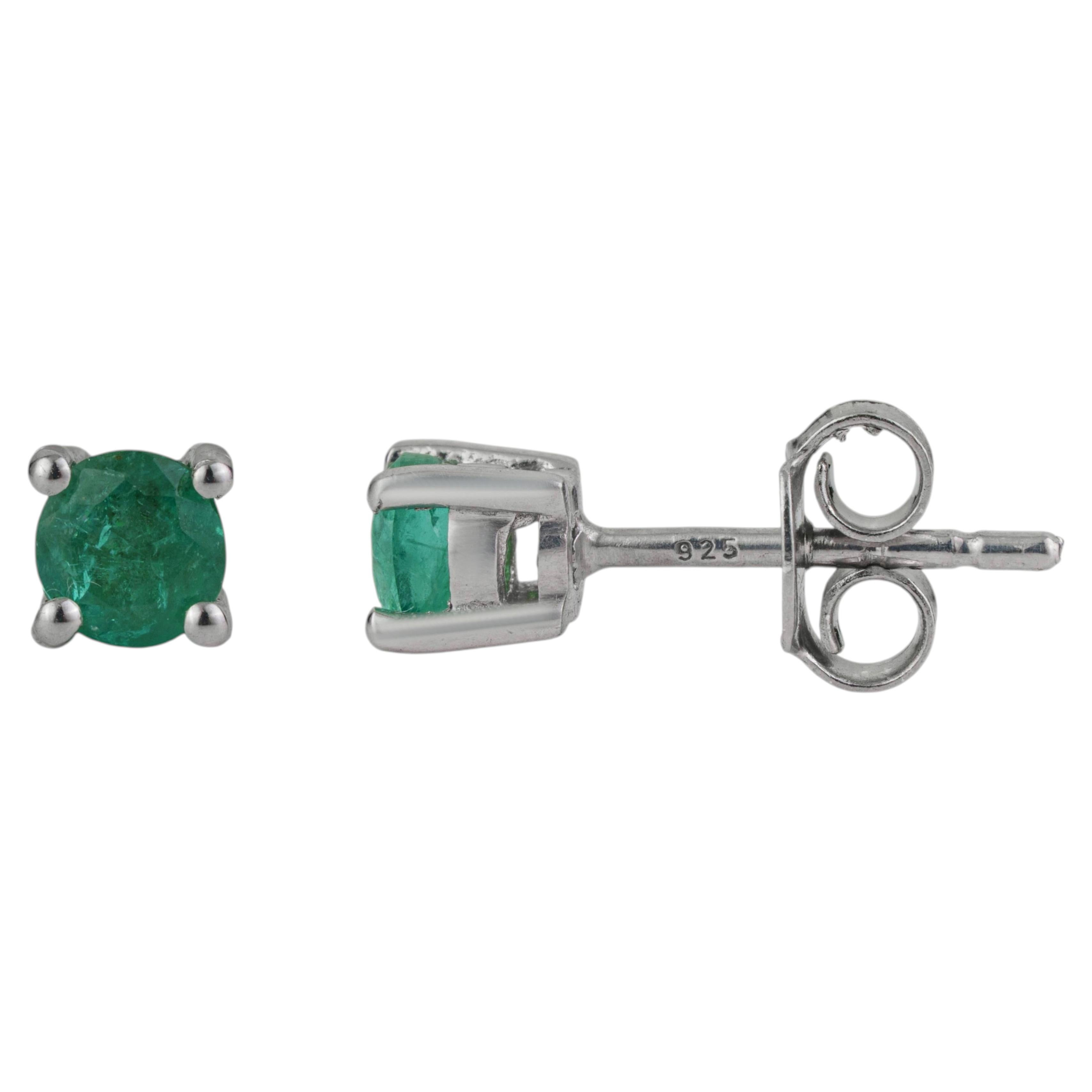 Silvorra Sterling Silver Round Emerald Stud Earrings Fine May Birthstone Jewelry