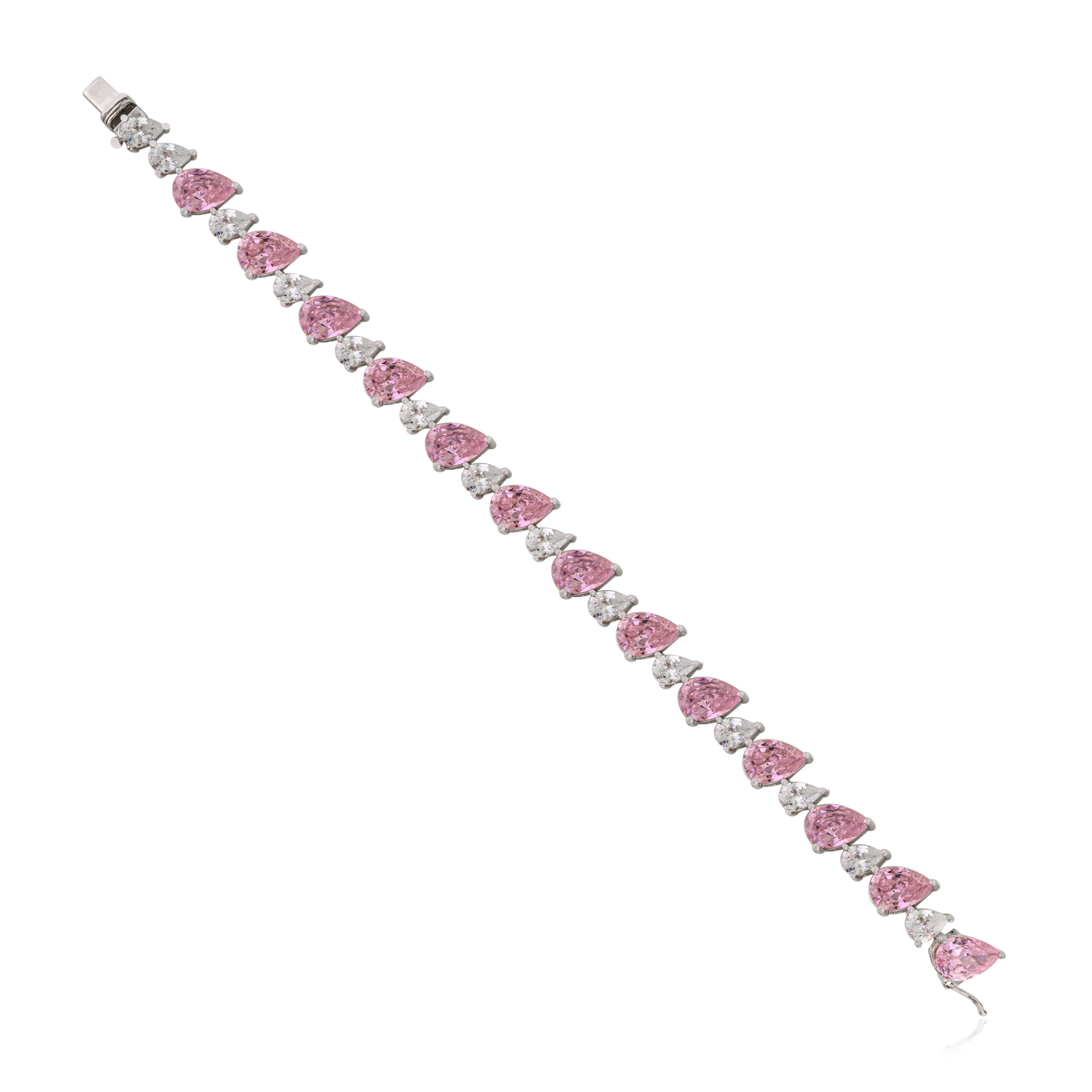 Art Déco Bracciale tennis in argento sterling Silvorra con pietre CZ rosa e bianche a forma di pera in vendita