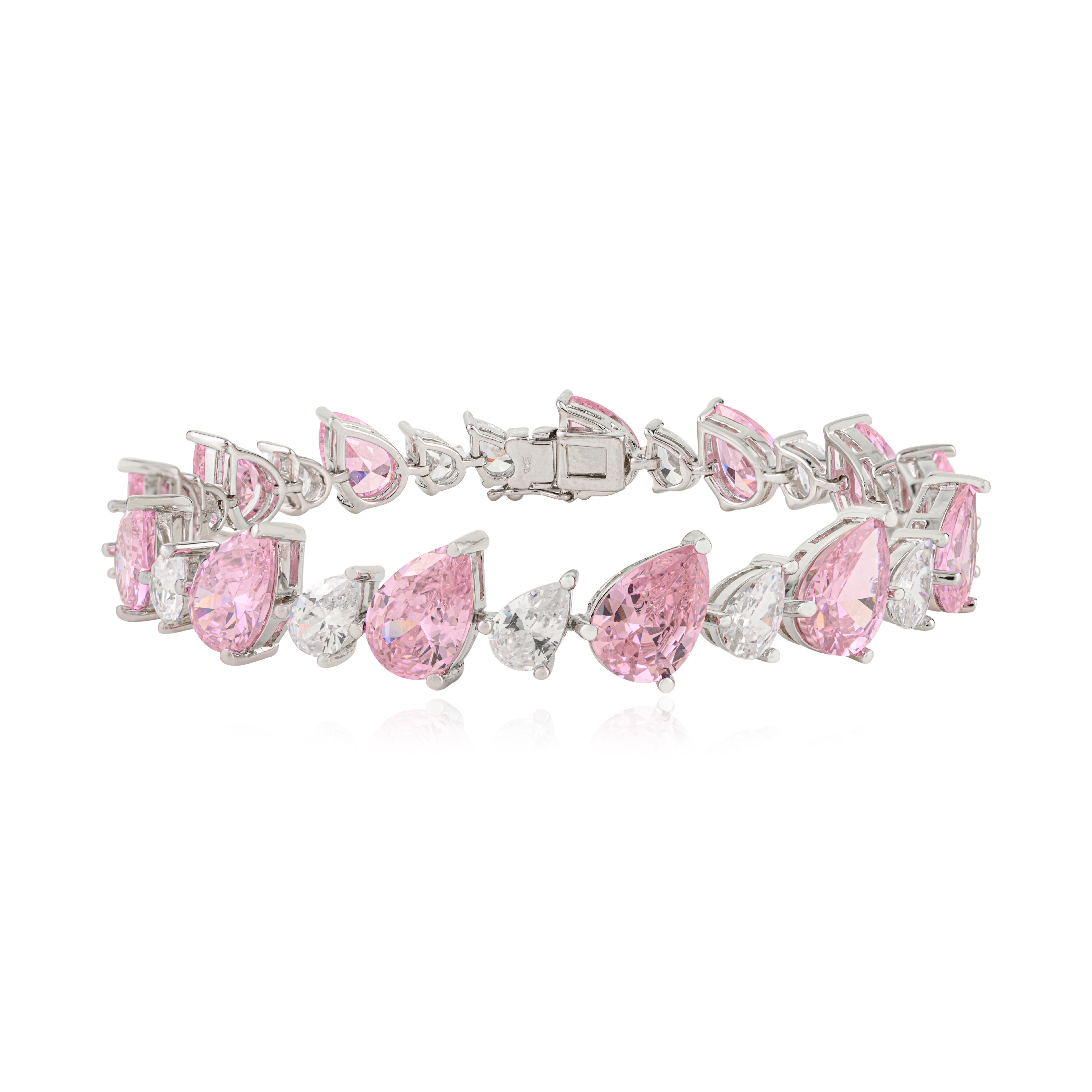 Bracciale tennis in argento sterling Silvorra con pietre CZ rosa e bianche a forma di pera in vendita 1